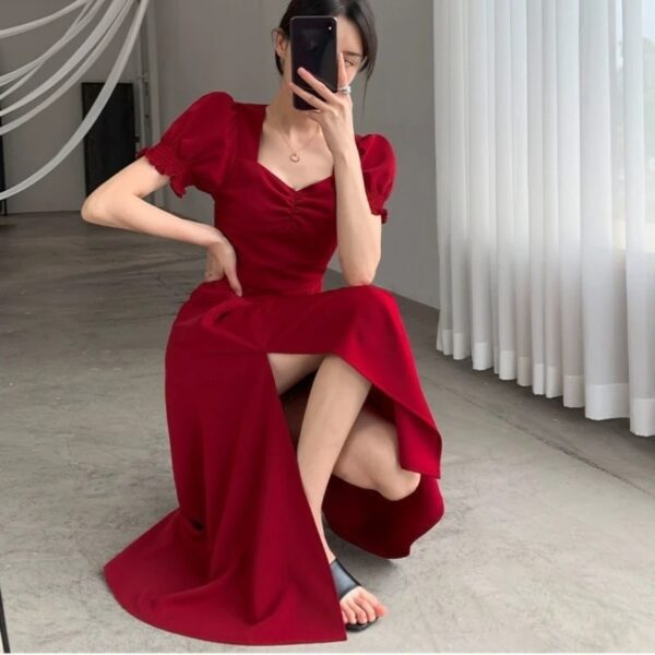 Solid Puff Short-Sleeved Elegant Slit Dress New Fashion Women V-neck Full Dresses Ladies High Waist Slim Evening Party Vestidos - Image 6