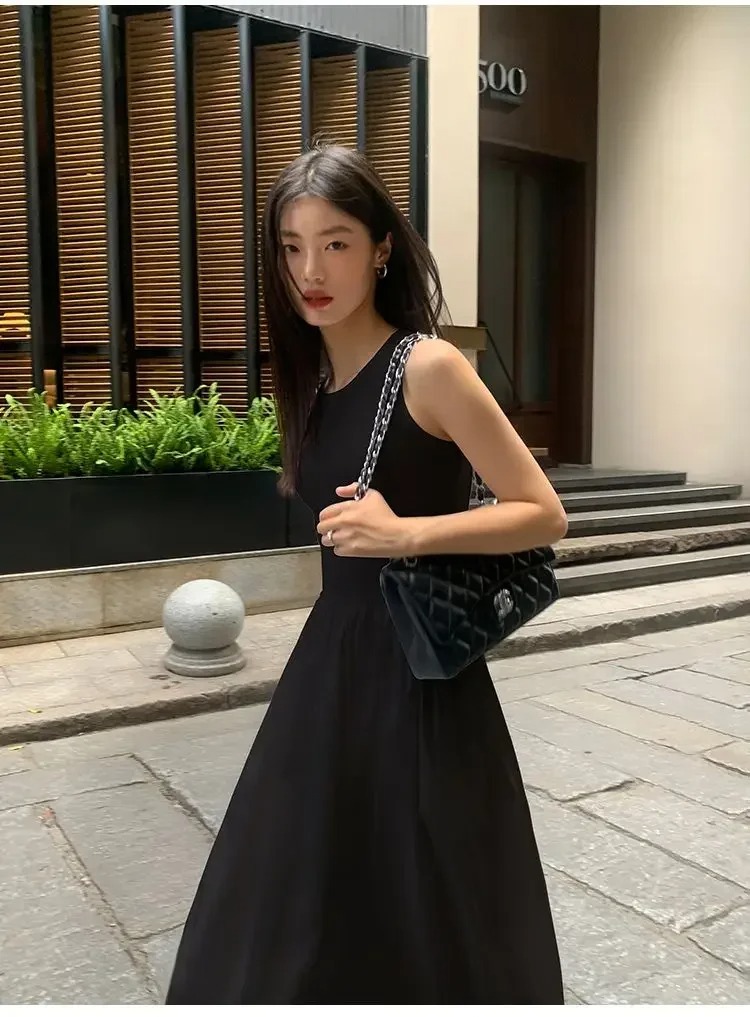 New Vintage Black Tank Top Midi Dress Wedding Dresses for Women Clothing O Neck Office Lady Casual Pockets Women's Clothing - Image 4