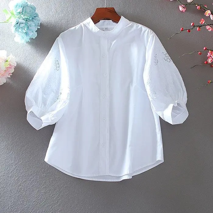 Pure Cotton Hollow Embroidered Shirt for Women 2025 Summer New Loose Versatile Collar Temperament Lantern Sleeves - Image 4