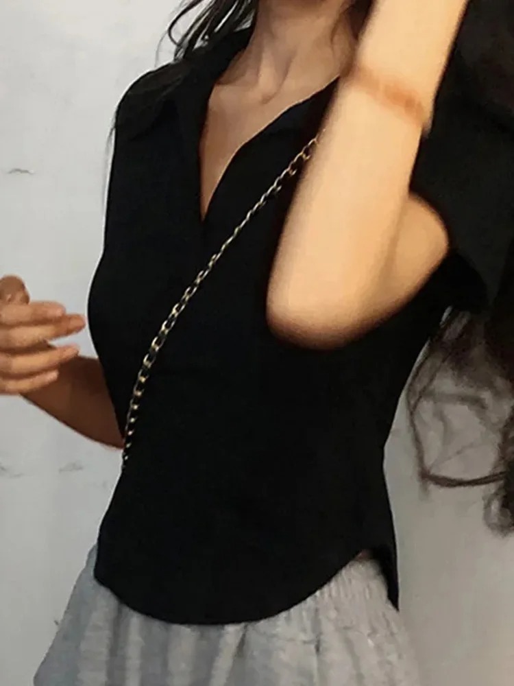 Summer Short Sleeve Lapel Top Women'S Solid V-Neck Pullovers Retro Sweet Shirts Hot Girl Crop Top Female Slim Versatile Tee - Image 5