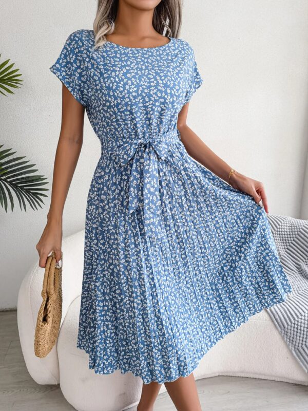 Summer Short Sleeve High Waist Chic Dress Fashion Floral Pleated A Line Long Dress - Image 7