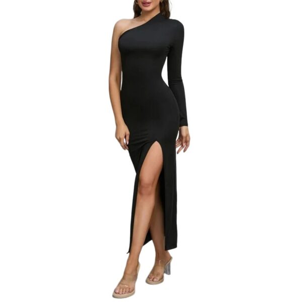2025 Spring Summer Single-Side Sleeve Dress Women Solid Color Split Sexy Long Dress Evening Party Black Cross Collar Dress - Image 2