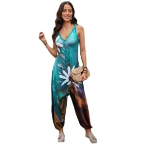 2025 Spring/Summer AliExpress Cross border European and American New Women's Fashion Printed Sleeveless V-neck jumpsuit for wome