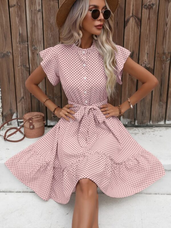 European and American women's polka dot printed butterfly sleeves with ruffled edges and wide pine hem waistband dress - Image 6
