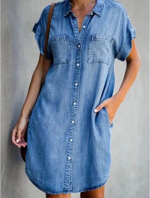 Summer New Single Breasted Denim Shirt Dress Women's Casual Loose Pocket Simple Retro Commuter Female Office Denim Short Skirt - Image 5