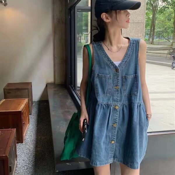 Sleeveless Strap Dress Women 2025 Summer Single-Breasted Pockets Denim Dresses Woman Korean Style Loose A Line Mini Dress - Image 3