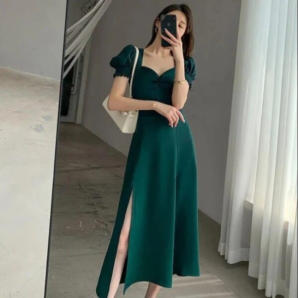 Solid Puff Short-Sleeved Elegant Slit Dress New Fashion Women V-neck Full Dresses Ladies High Waist Slim Evening Party Vestidos - Image 5