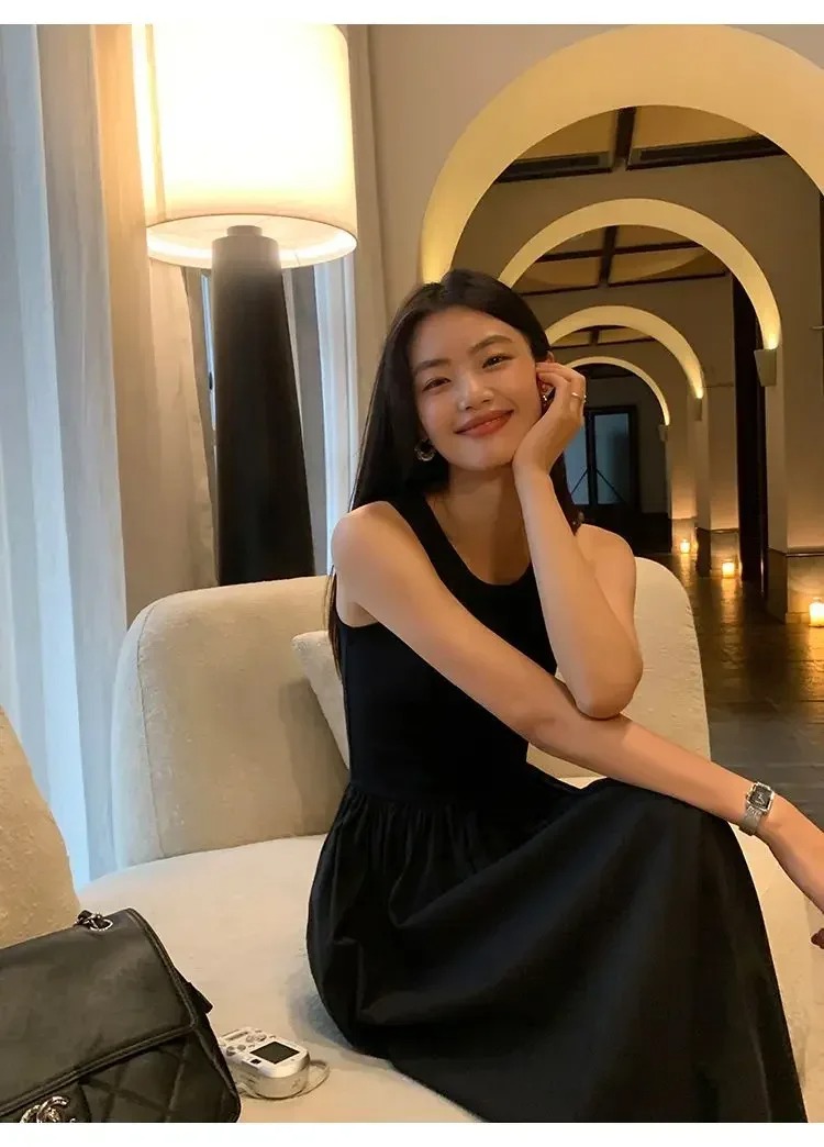 New Vintage Black Tank Top Midi Dress Wedding Dresses for Women Clothing O Neck Office Lady Casual Pockets Women's Clothing - Image 3