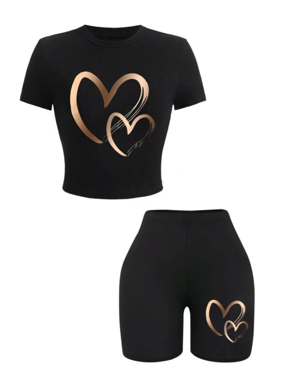 Summer Women Slim-fit T-Shirts & Shorts 2 Pieces Set Simple Hearts Pattern Prints Crop Tops Fashion High Elastic Soft Clothes - Image 6