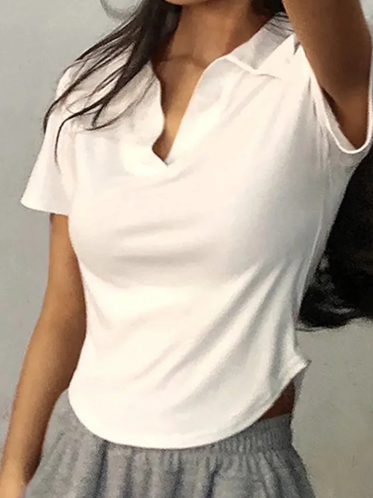 Summer Short Sleeve Lapel Top Women'S Solid V-Neck Pullovers Retro Sweet Shirts Hot Girl Crop Top Female Slim Versatile Tee - Image 6
