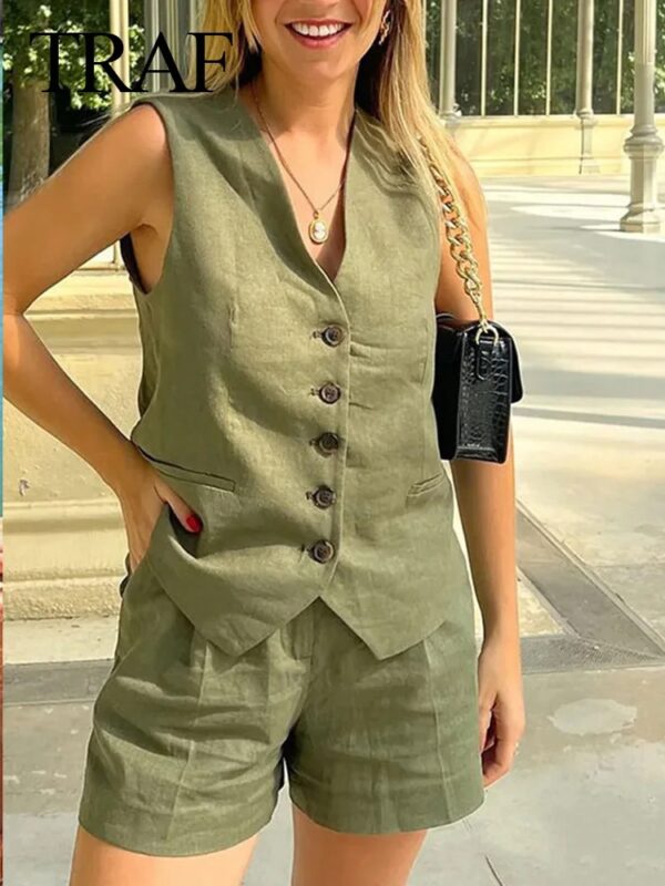Women Vinatge Fashion Shorts Set Solid White Sleeveless Vest+Pockets Pants Female Two Pieces Set Street - Image 2