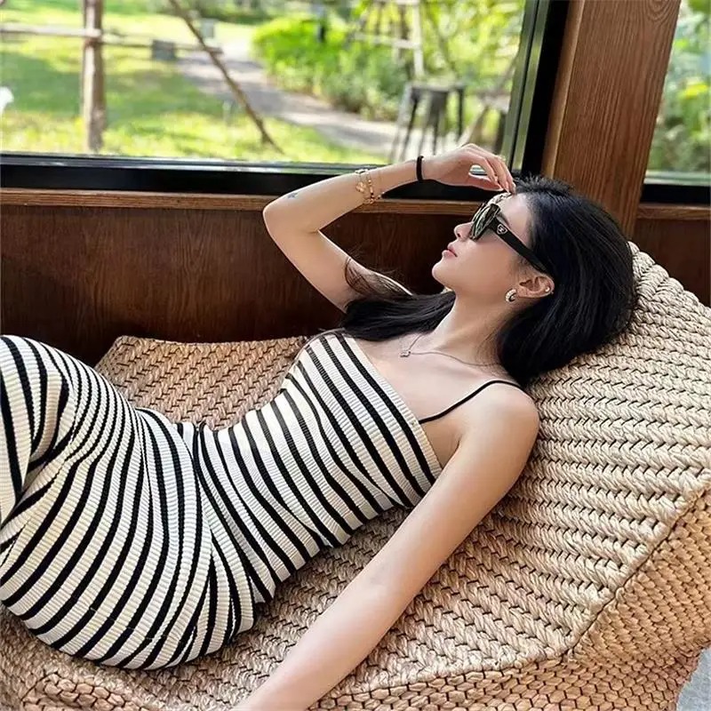 Striped Knitted Slim Dresses Women's Summer Skinny Sleeveless Bodycon Long Dress Casual Holiday Wrap Hip Sundress - Image 7