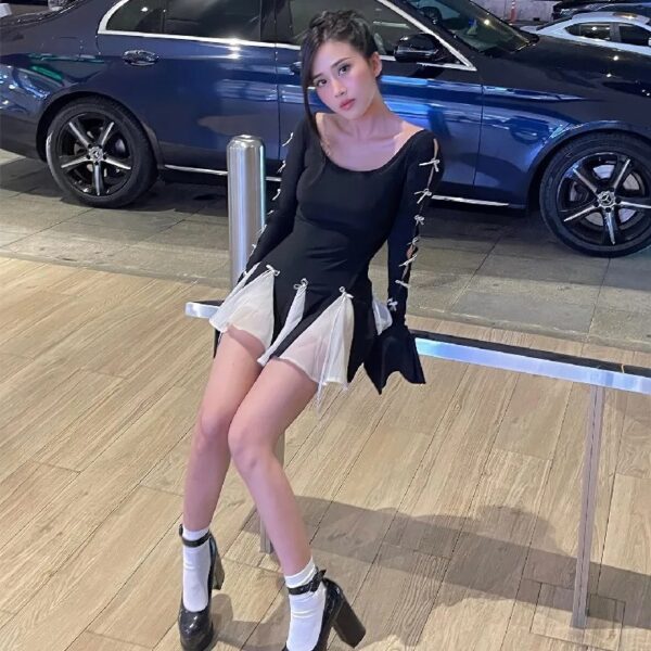 WhereMery Sexy High Waist Women Long Sleeve Dress Elegant Lace up Ruffle Slim A-link Dresses Spring Temperament Streets Vestidos - Image 2