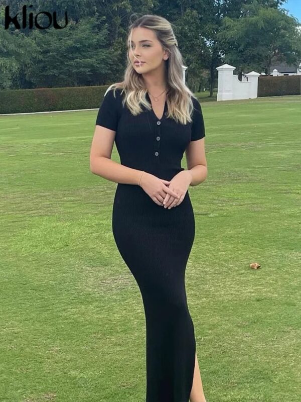 Elegant Office Lady Maxi Dress Women Solid Fashion Turn-down Collar Short Sleeve Button Side Slit Body-Shaping Street Robe - Image 5