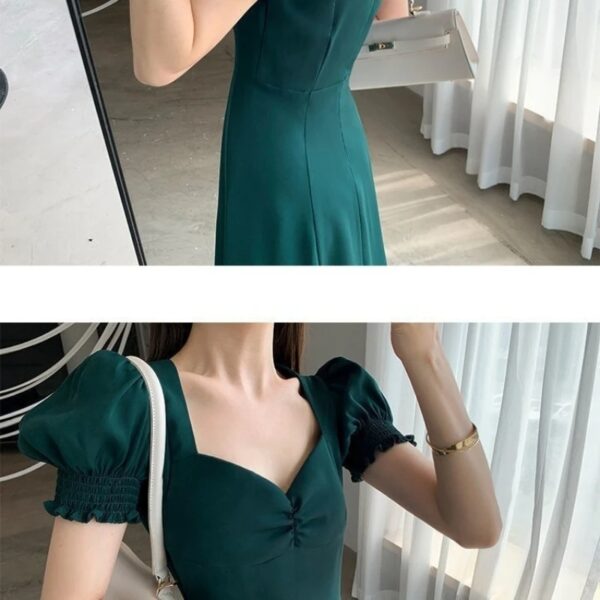 Solid Puff Short-Sleeved Elegant Slit Dress New Fashion Women V-neck Full Dresses Ladies High Waist Slim Evening Party Vestidos - Image 4
