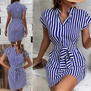 Women Spring Summer Style A-Line Dress Lady Casual Sleeveless Turn-down Collar Striped Printed Dress Vestidos