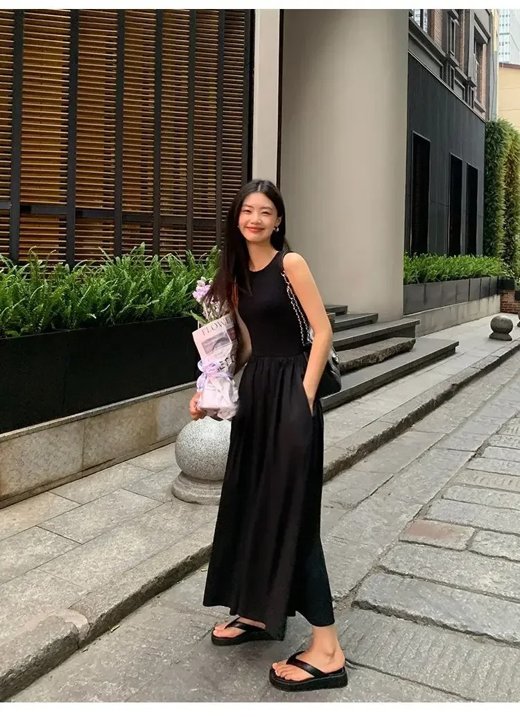 New Vintage Black Tank Top Midi Dress Wedding Dresses for Women Clothing O Neck Office Lady Casual Pockets Women's Clothing - Image 2