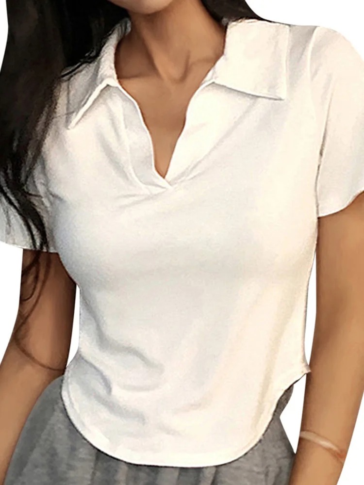 Summer Short Sleeve Lapel Top Women'S Solid V-Neck Pullovers Retro Sweet Shirts Hot Girl Crop Top Female Slim Versatile Tee - Image 7