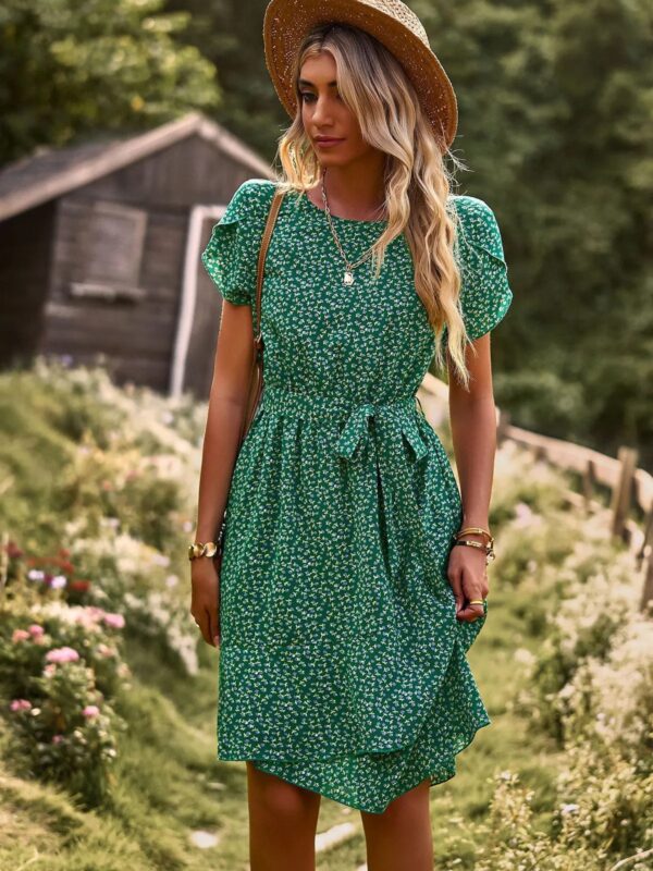 Summer O Neck Casual Printd Women Strap High Waist Pleated Floral Dress
