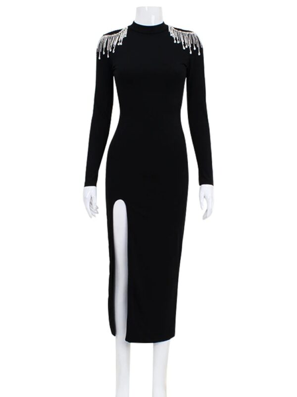 Ahagaga Fashion Hollow Out Women Maxi Dresses Sexy Solid Backless Casual Turtleneck Slim Elegant Bodycon Vestidos Robes Split - Image 3