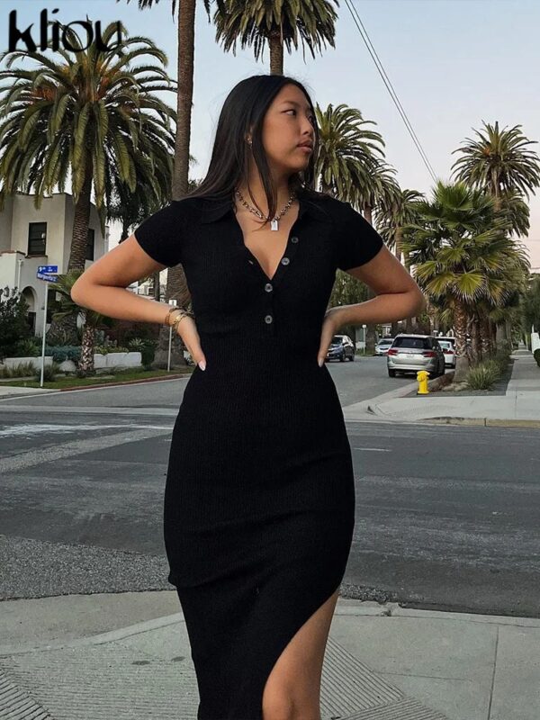 Elegant Office Lady Maxi Dress Women Solid Fashion Turn-down Collar Short Sleeve Button Side Slit Body-Shaping Street Robe - Image 4