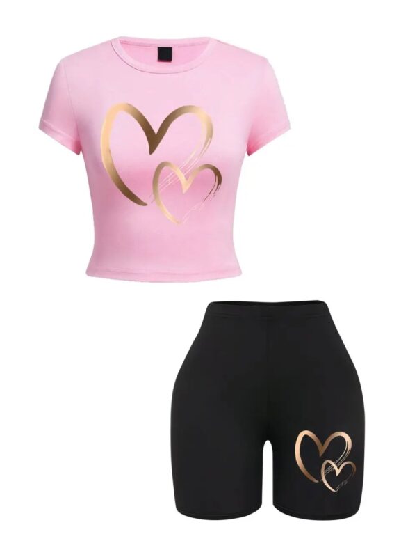 Summer Women Slim-fit T-Shirts & Shorts 2 Pieces Set Simple Hearts Pattern Prints Crop Tops Fashion High Elastic Soft Clothes - Image 4