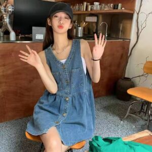 Sleeveless Strap Dress Women 2025 Summer Single-Breasted Pockets Denim Dresses Woman Korean Style Loose A Line Mini Dress