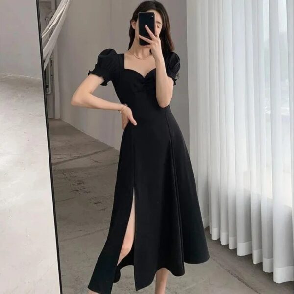 Solid Puff Short-Sleeved Elegant Slit Dress New Fashion Women V-neck Full Dresses Ladies High Waist Slim Evening Party Vestidos - Image 3