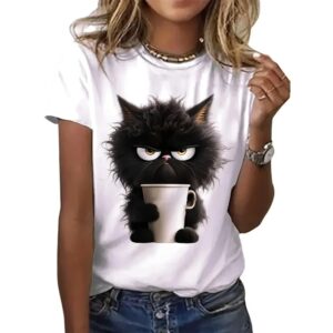 funny Cat Women Summer White Print T-shirt Girl Casual Short Sleeve O Neck Top For Summer Female Animal Clothing