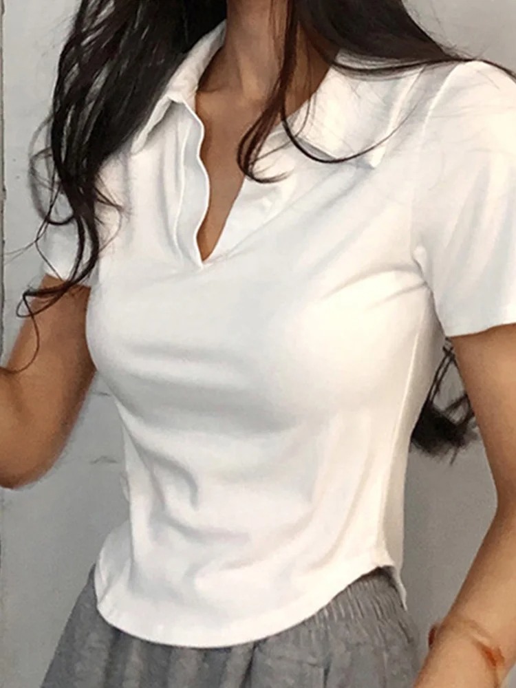 Summer Short Sleeve Lapel Top Women'S Solid V-Neck Pullovers Retro Sweet Shirts Hot Girl Crop Top Female Slim Versatile Tee - Image 8