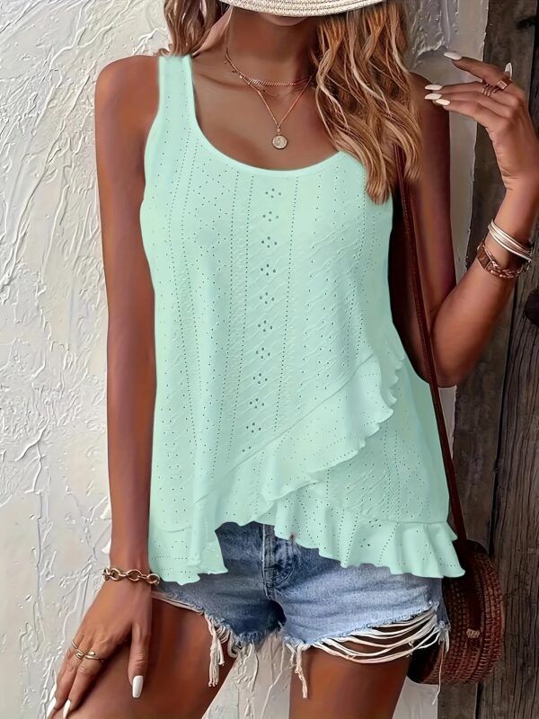 New 2025 Spring Summer Elegant Plus-Size Round Neck Sleeveless Top Solid Color with Lace Details and Irregular Ruffled Hem Made - Image 5