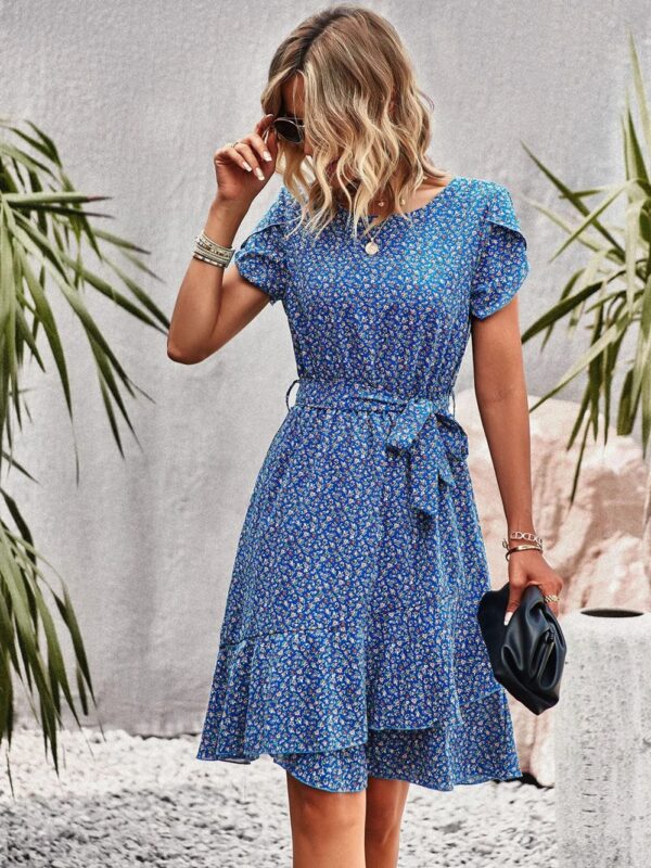 Summer O Neck Casual Printd Women Strap High Waist Pleated Floral Dress - Image 5