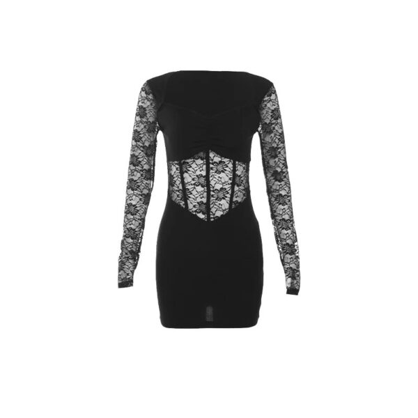 Nibber Black Mysterious Sexy Lace Stitching Mature Fishbone Beautiful Sweet Gentle Women'S Winter Long Sleeve Hip Short Dress - Image 3