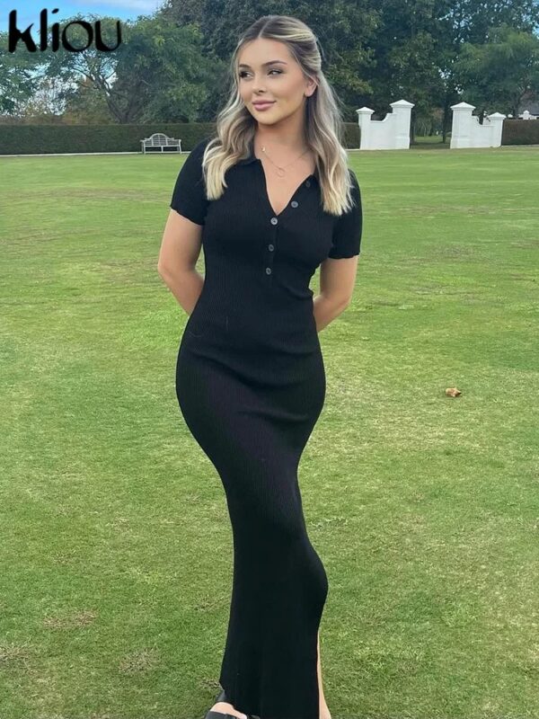 Elegant Office Lady Maxi Dress Women Solid Fashion Turn-down Collar Short Sleeve Button Side Slit Body-Shaping Street Robe - Image 3