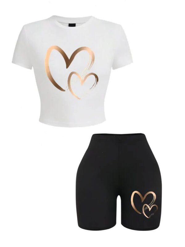 Summer Women Slim-fit T-Shirts & Shorts 2 Pieces Set Simple Hearts Pattern Prints Crop Tops Fashion High Elastic Soft Clothes - Image 3