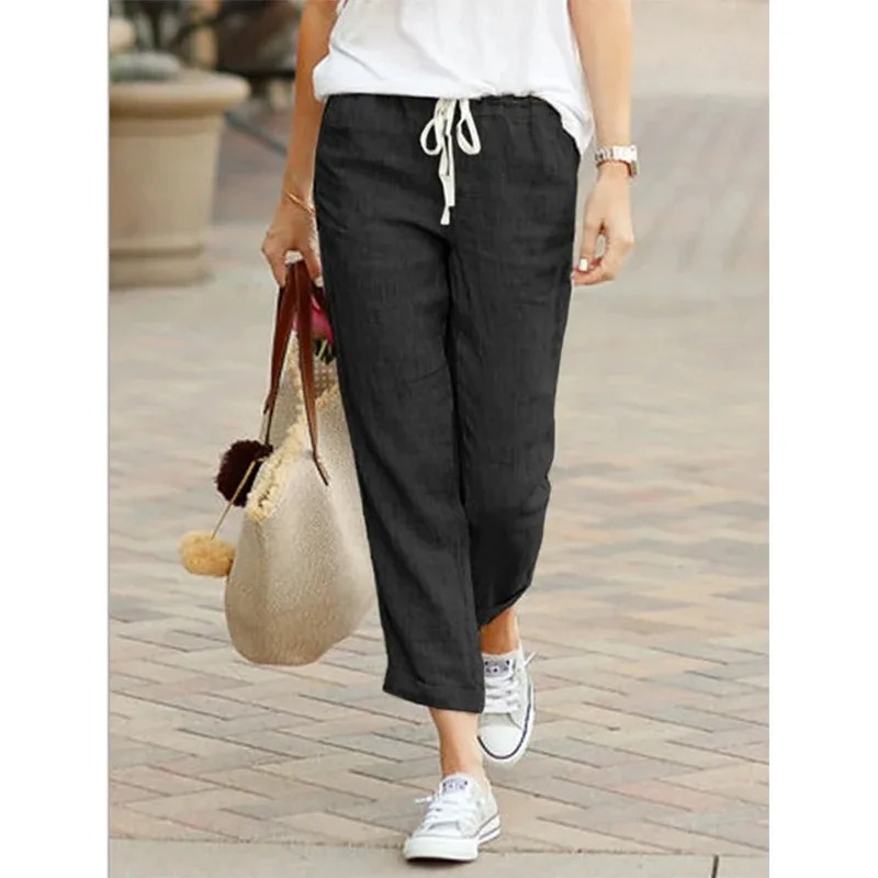 Autumn Cotton Women's Pants Black Drawstring Elastic Waist Casual Pants Female Loose Fashion Elegant Ladies Bottom - Image 3