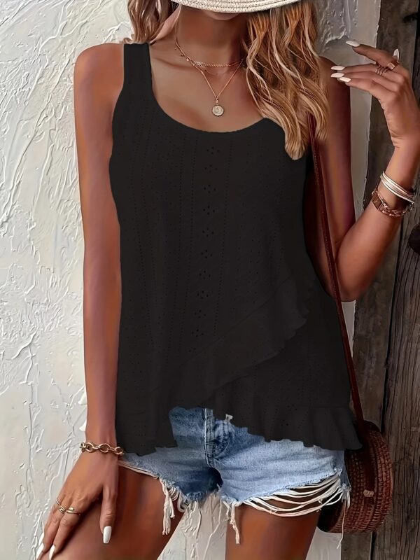 New 2025 Spring Summer Elegant Plus-Size Round Neck Sleeveless Top Solid Color with Lace Details and Irregular Ruffled Hem Made - Image 4