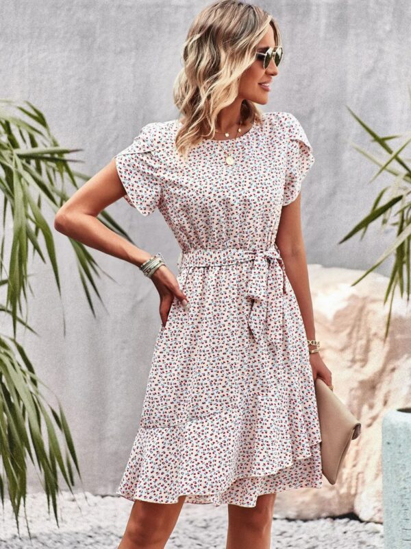 Summer O Neck Casual Printd Women Strap High Waist Pleated Floral Dress - Image 4