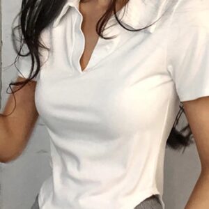 Summer Short Sleeve Lapel Top Women'S Solid V-Neck Pullovers Retro Sweet Shirts Hot Girl Crop Top Female Slim Versatile Tee