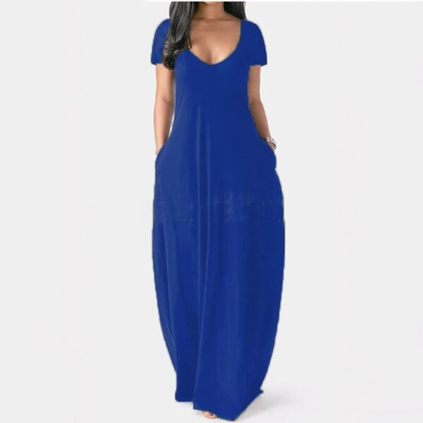 European and American summer cross-border foreign trade new plus size women's solid color dress sexy deep V short sleeved long s - Image 4