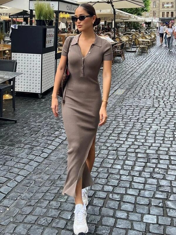 Elegant Office Lady Maxi Dress Women Solid Fashion Turn-down Collar Short Sleeve Button Side Slit Body-Shaping Street Robe - Image 2