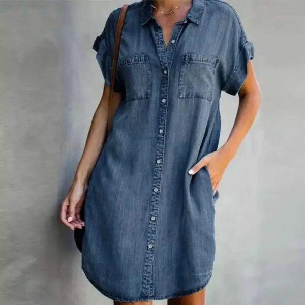 Summer New Single Breasted Denim Shirt Dress Women's Casual Loose Pocket Simple Retro Commuter Female Office Denim Short Skirt - Image 2