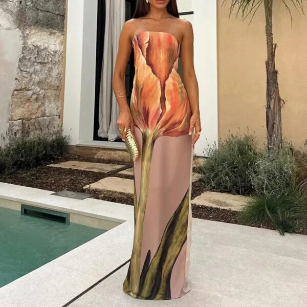 Sexy Strapless Backless Printed Long Dress Women Fashion Sleeveless Off Shoulder Vestidos 2025 Summer Lady Party Evening Robes - Image 2
