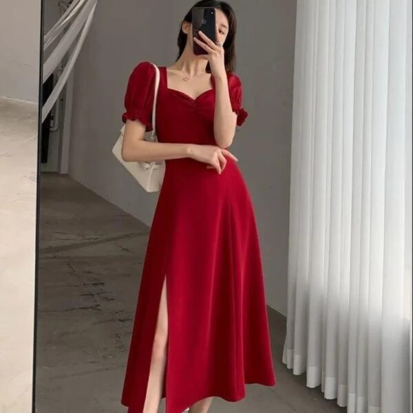 Solid Puff Short-Sleeved Elegant Slit Dress New Fashion Women V-neck Full Dresses Ladies High Waist Slim Evening Party Vestidos - Image 2