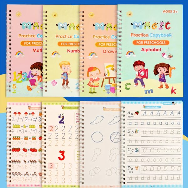 4-Pack Children's Magic Practice Copybooks Set with Pen and Refills, Reusable 3D Groove Writing Pad for Kids Ages 3-6, Traceable Alphabet, Numbers, Drawing & Math Workbooks for Preschoolers - Educational Handwriting Practice Kit - Image 2