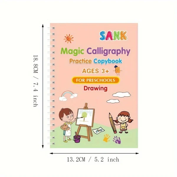 4pcs SANK Magic Calligraphy Practice Copybooks with Hard Pen, Full English Alphabet & Number Practice Workbook for Preschoolers, Durable Grooved Pages, Compact 18.8 x 13.21 cm, Colorful Designs for Easy Learning, Alphabet Learning Aid | Engaging Illustrations | Quality Paper Material - Image 2