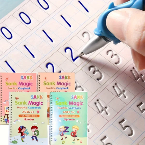 4pcs SANK Magic Calligraphy Practice Copybooks with Hard Pen, Full English Alphabet & Number Practice Workbook for Preschoolers, Durable Grooved Pages, Compact 18.8 x 13.21 cm, Colorful Designs for Easy Learning, Alphabet Learning Aid | Engaging Illustrations | Quality Paper Material - Image 11