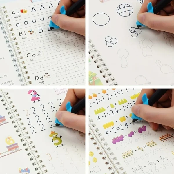 4pcs SANK Magic Calligraphy Practice Copybooks with Hard Pen, Full English Alphabet & Number Practice Workbook for Preschoolers, Durable Grooved Pages, Compact 18.8 x 13.21 cm, Colorful Designs for Easy Learning, Alphabet Learning Aid | Engaging Illustrations | Quality Paper Material - Image 5
