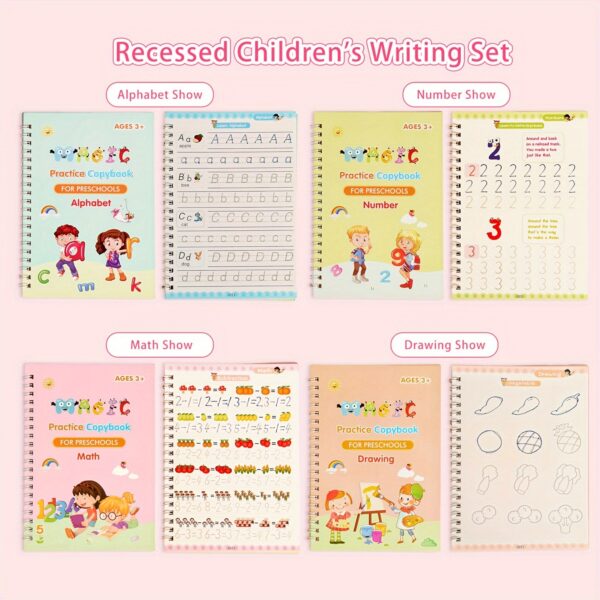 4-Pack Children's Magic Practice Copybooks Set with Pen and Refills, Reusable 3D Groove Writing Pad for Kids Ages 3-6, Traceable Alphabet, Numbers, Drawing & Math Workbooks for Preschoolers - Educational Handwriting Practice Kit - Image 5