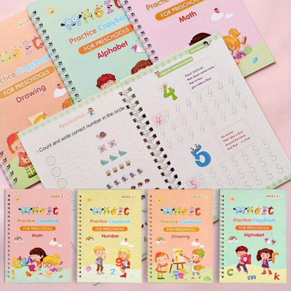 4-Pack Children's Magic Practice Copybooks Set with Pen and Refills, Reusable 3D Groove Writing Pad for Kids Ages 3-6, Traceable Alphabet, Numbers, Drawing & Math Workbooks for Preschoolers - Educational Handwriting Practice Kit - Image 10